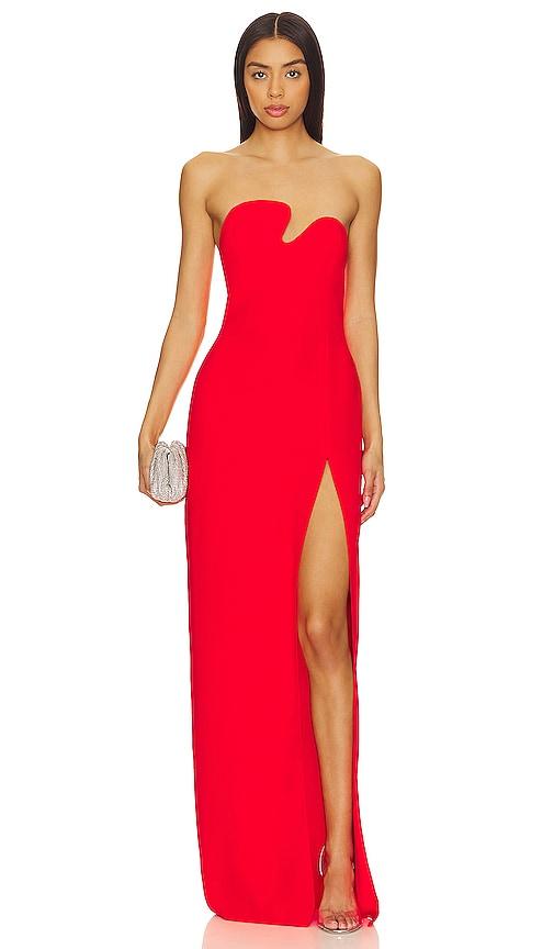 amanda uprichard x revolve strapless puzzle gown in red.