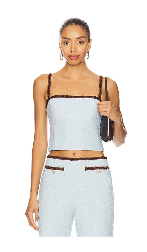 amanda uprichard x revolve windsor top in baby blue.