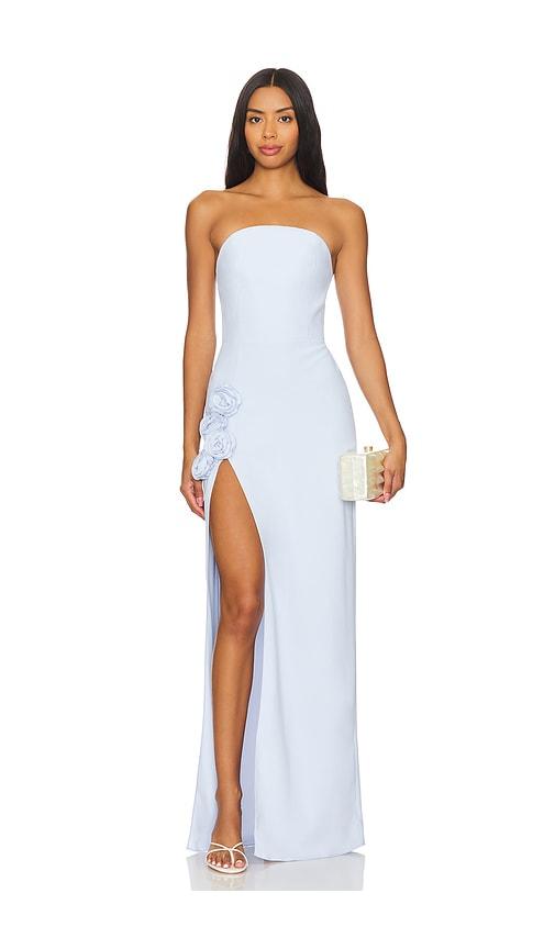 amanda uprichard x revolve wolfe gown in baby blue.