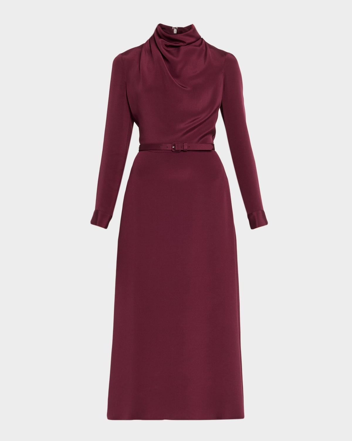 amandine draped long-sleeve belted midi dress