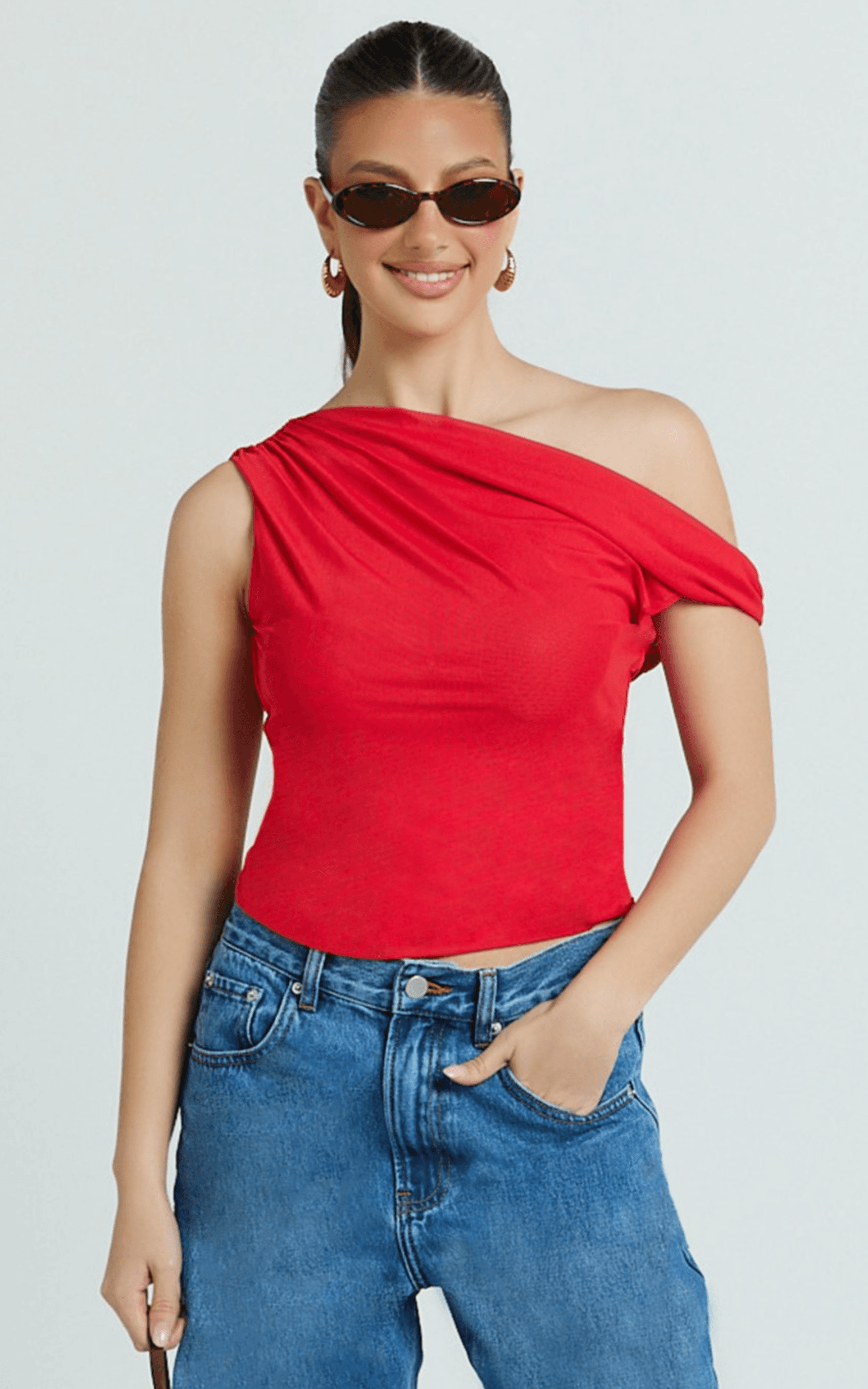 amaya top - off shoulder twist asymmetrical sleeve top in red
