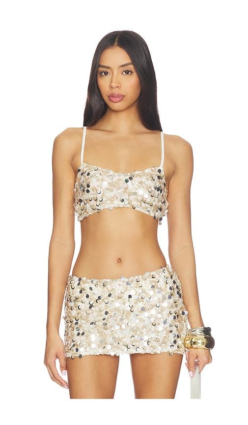 amelie teje soiree top in champagne in metallic neutral.