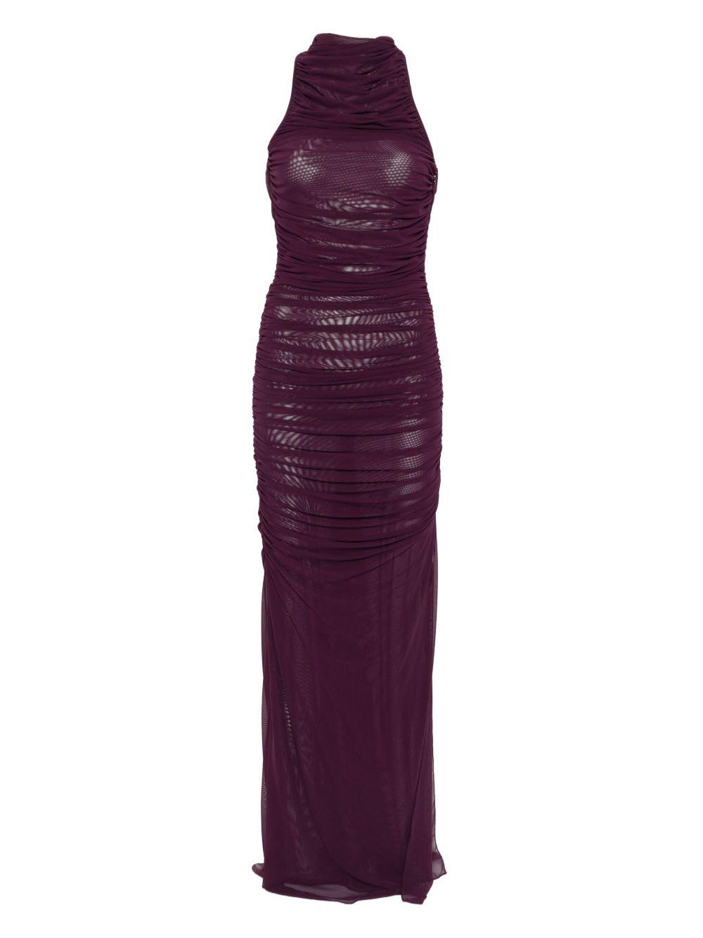 amen sleeveless purple mesh draped dress