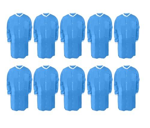 american goods 10/pk dental/medical grade lab coat blue disposable knee length 3 pockets & knit cuffs protect gown coat (small)