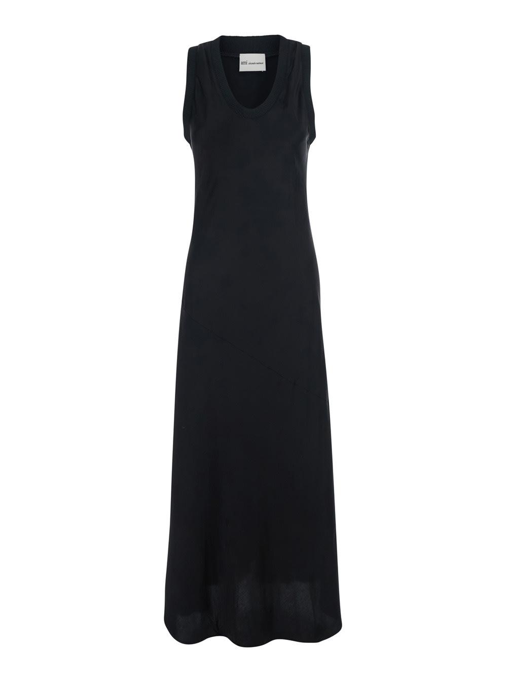 ami alexandre mattiussi black long dress with round neckline and ribbed details in viscose woman
