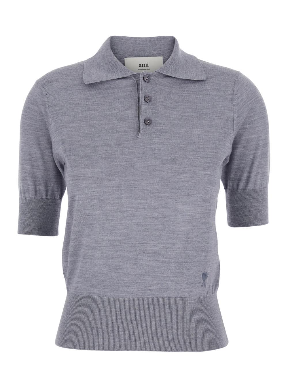 ami alexandre mattiussi grey polo shirt with classic collar and logo embroidery on the front in wool and silk woman