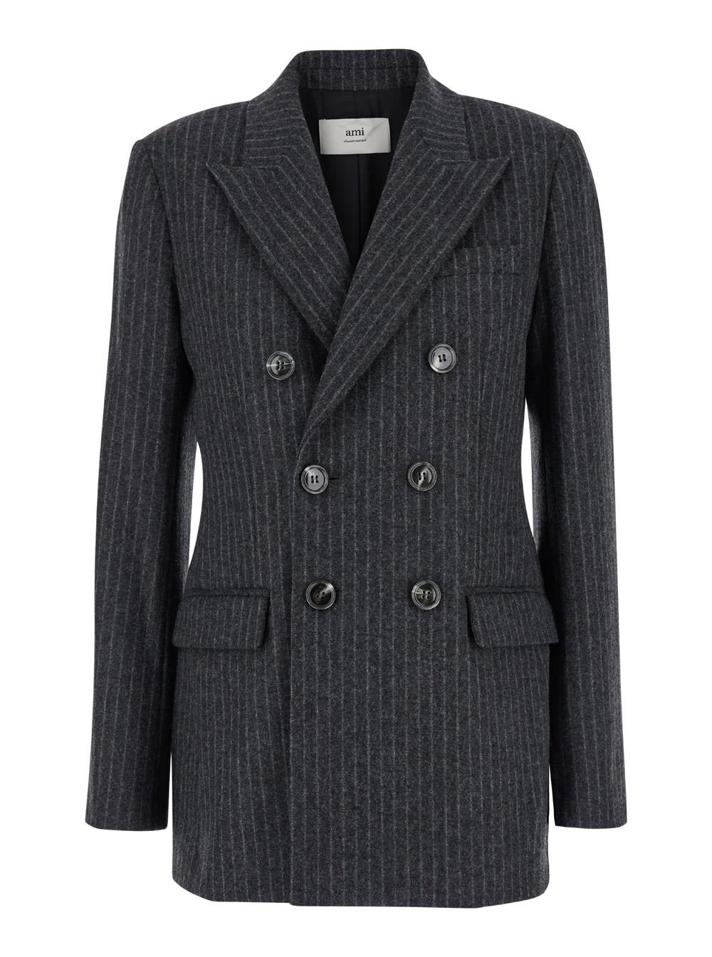 ami alexandre mattiussi grey striped double-breasted jacket in wool woman