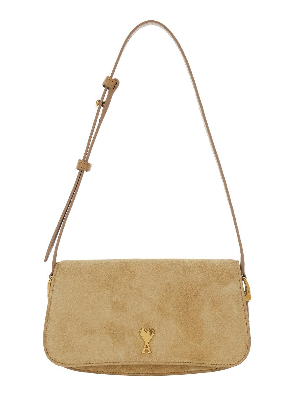 ami alexandre mattiussi paris paris beige shoulder bag with adjustable and removable strap and adc plaque on front in suede woman