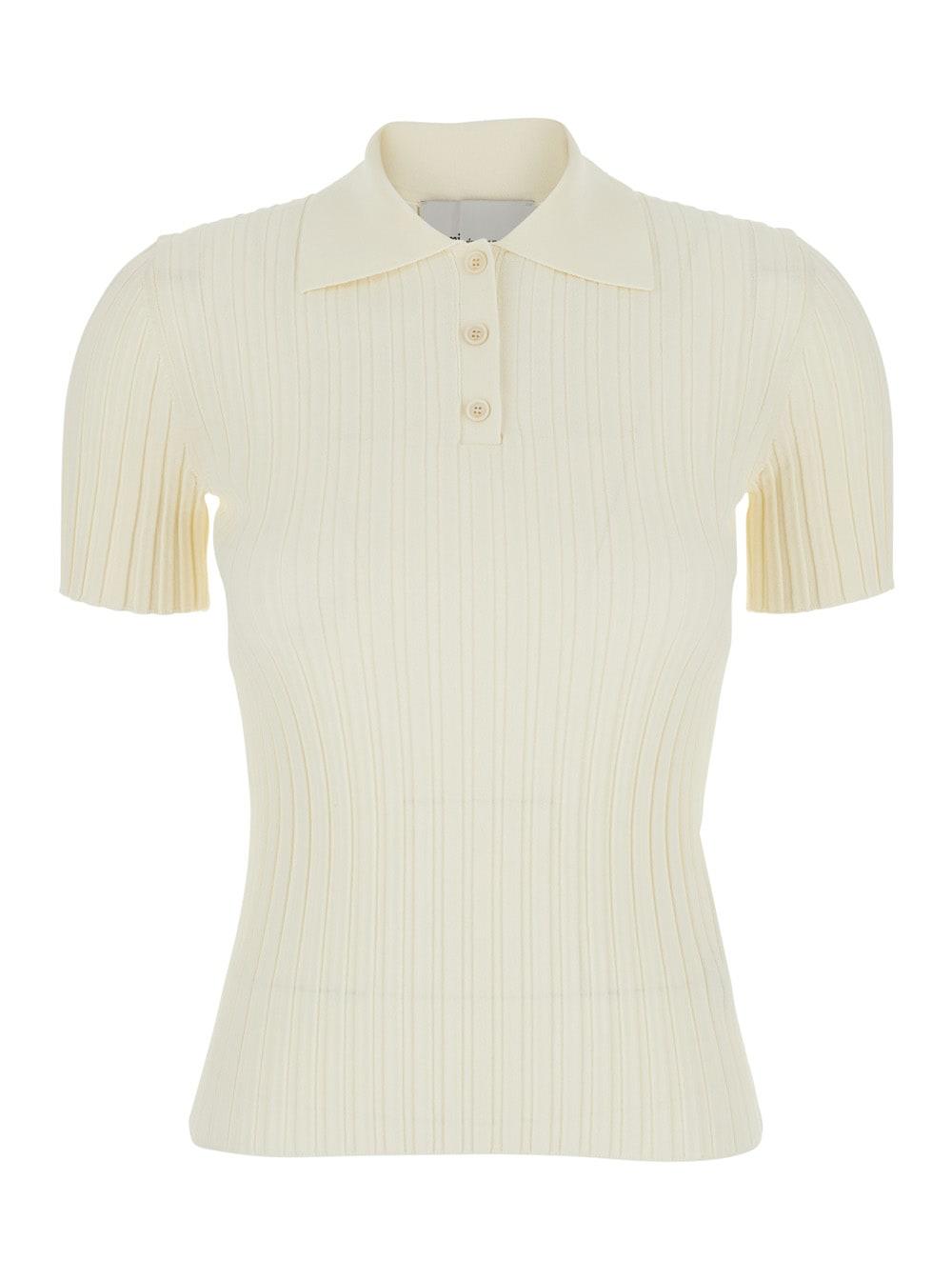 ami alexandre mattiussi white polo shirt with ribbed knit in viscose blend for women