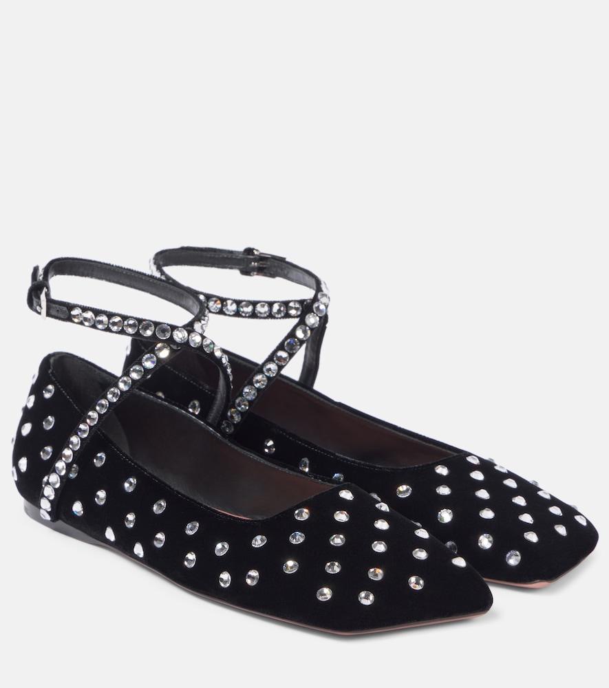 amina muaddi ane crystal lace-up velvet ballet flats