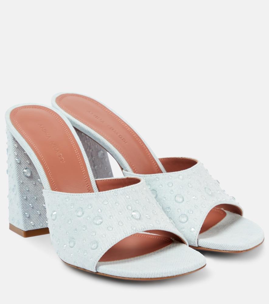 amina muaddi brigitte 95 denim and leather mules