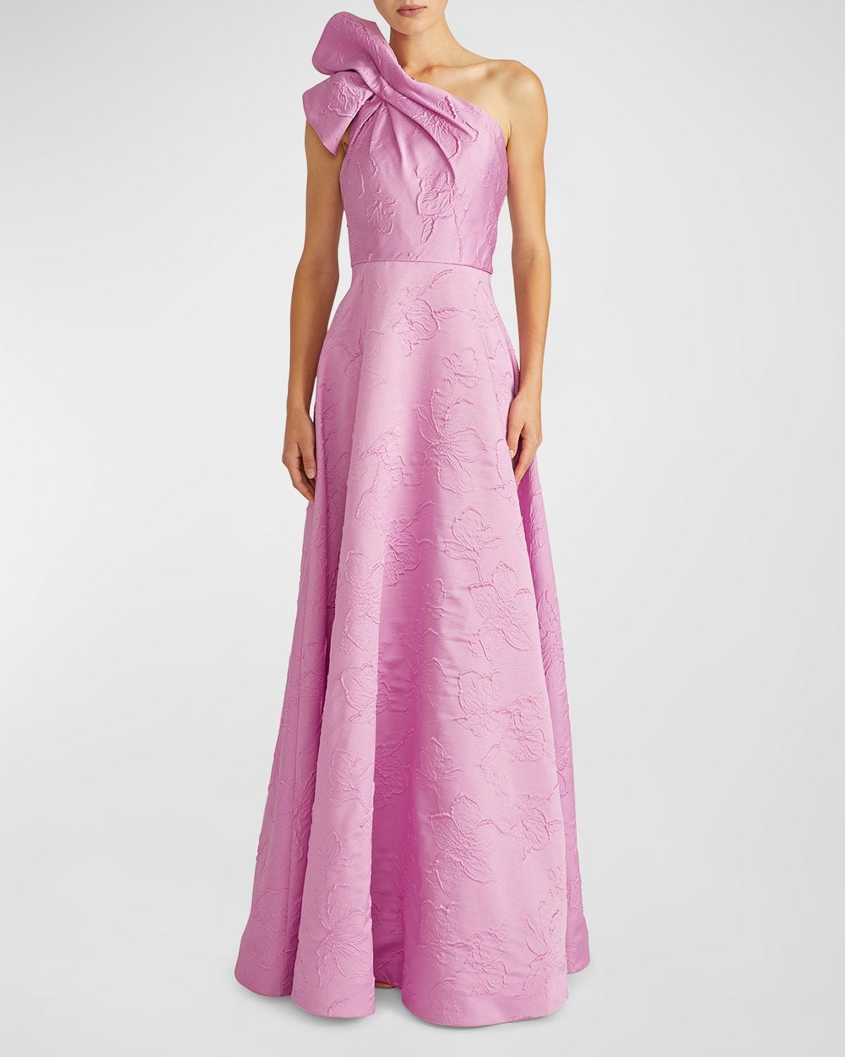 amira one-shoulder floral jacquard ruffle gown