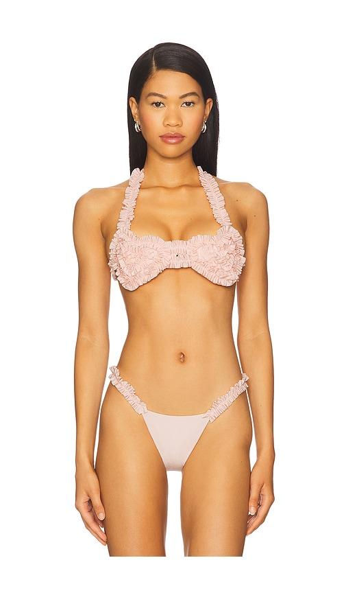 amor mia ruffled heart bikini top in blush.