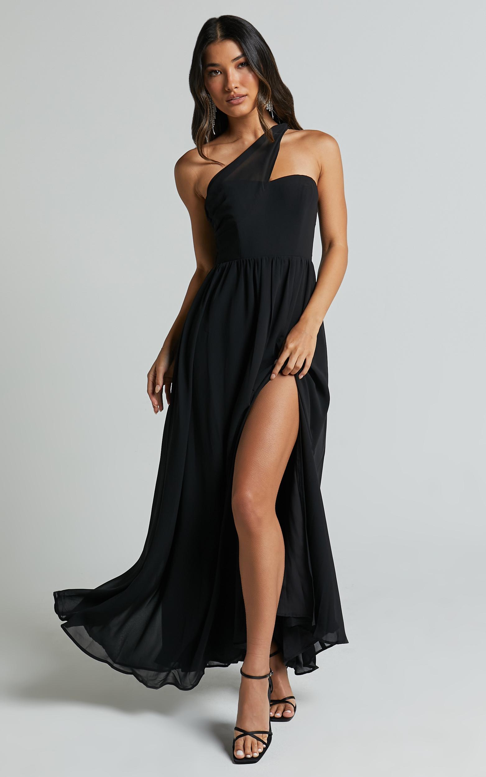 amorette maxi dress - one shoulder detail gown dress in black