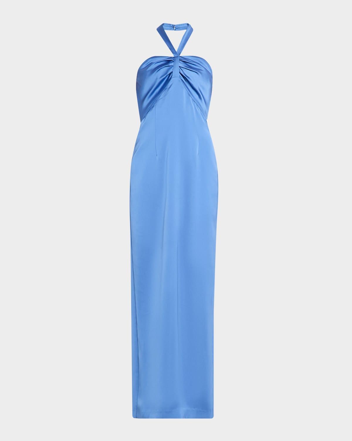 amrita pleated halter column gown