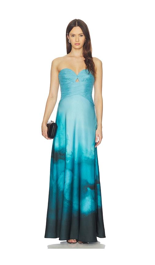 amur cova printed gown in blue.