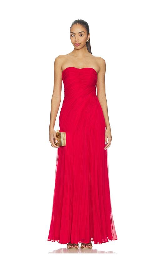 amur elea asymmetrical pleated gown in red.