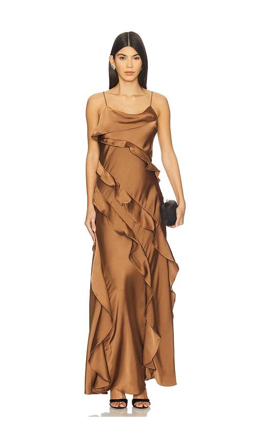 amur ellen ruffle gown in brown.