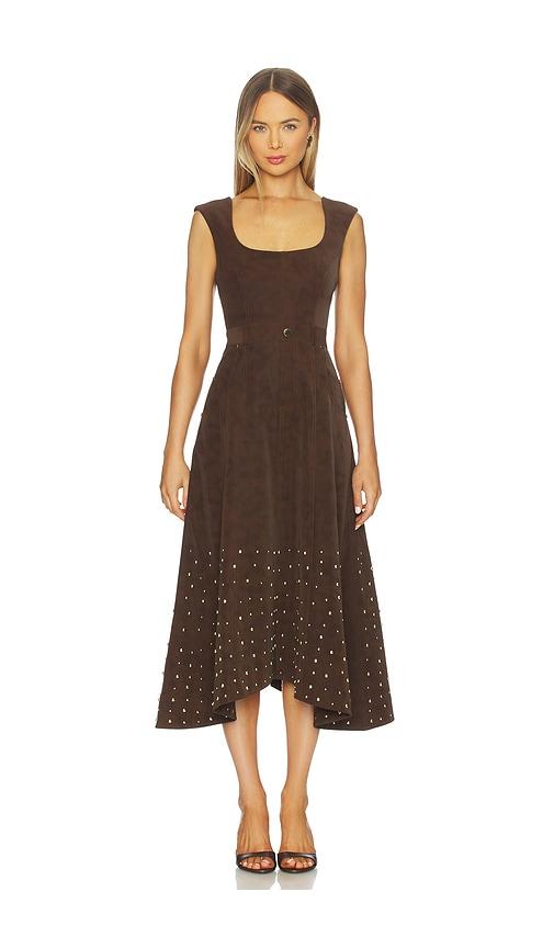 amur kenny suede studded midi dress in brown.