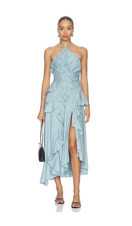amur ottavia ruffle dress in blue.