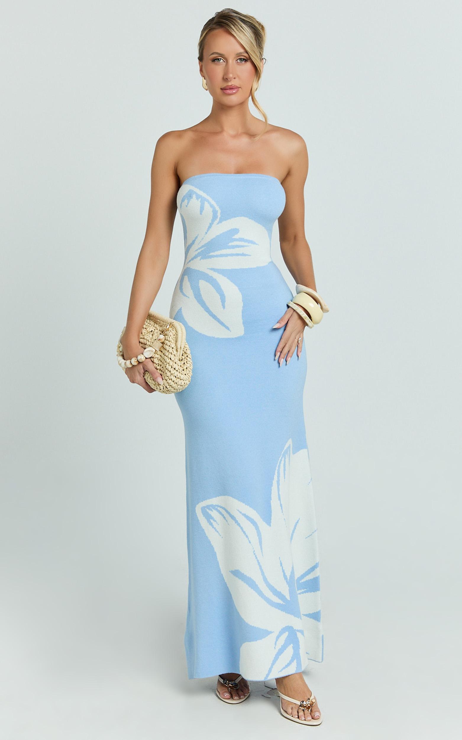 amy midi dress - knit strapless column dress in intarsia print