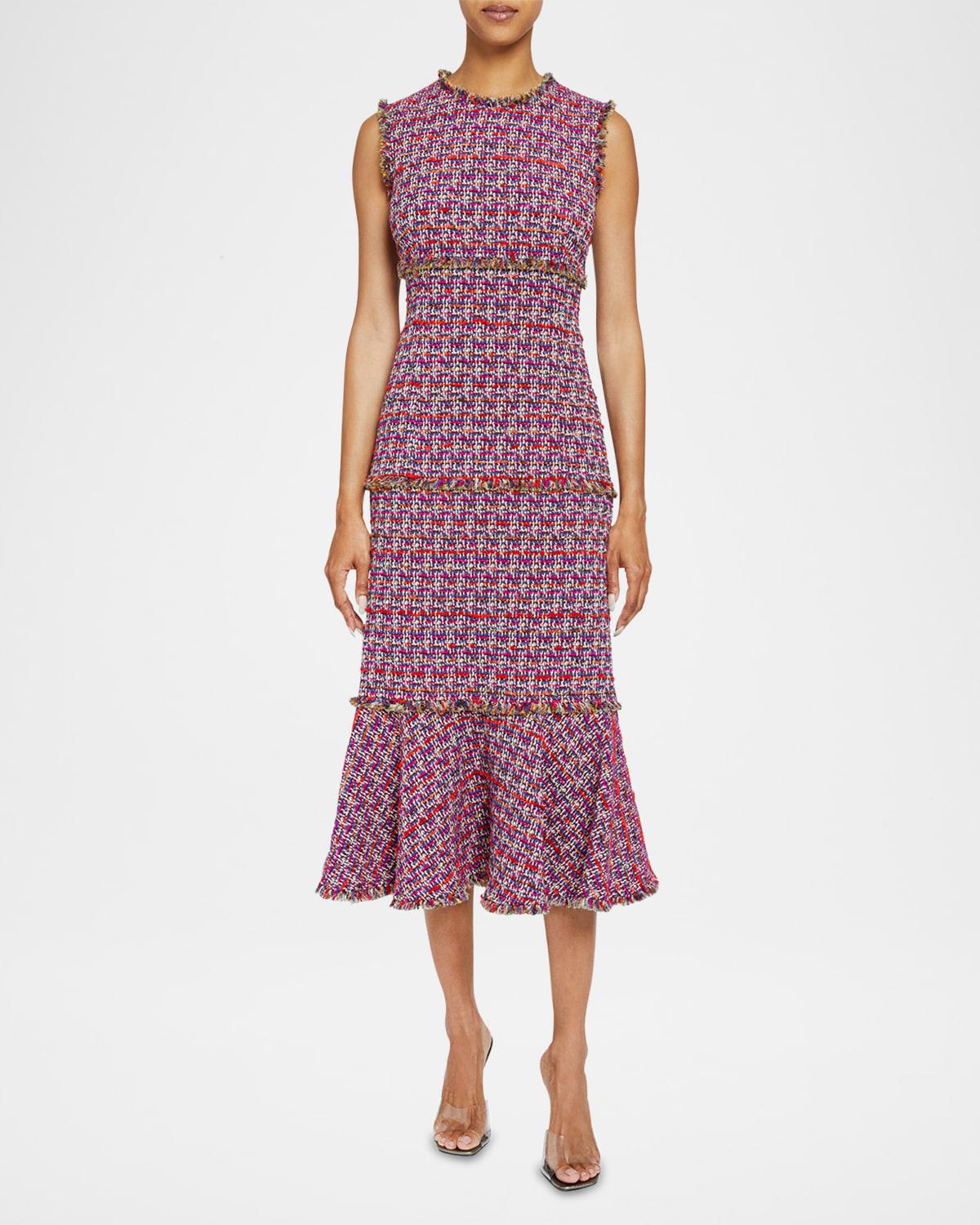 andi tiered fringe-trim tweed midi dress