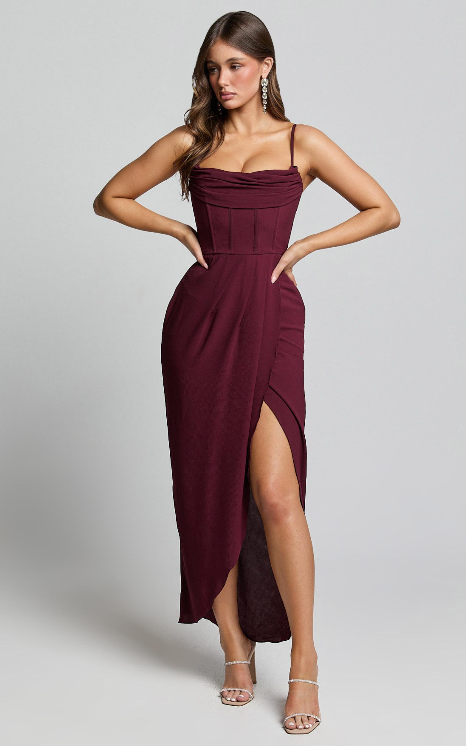 andrina midi dress - high low wrap corset dress in wine