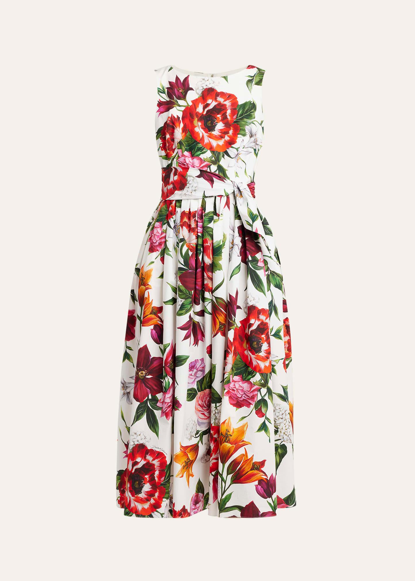 anemone floral pleated popeline midi dress with belt