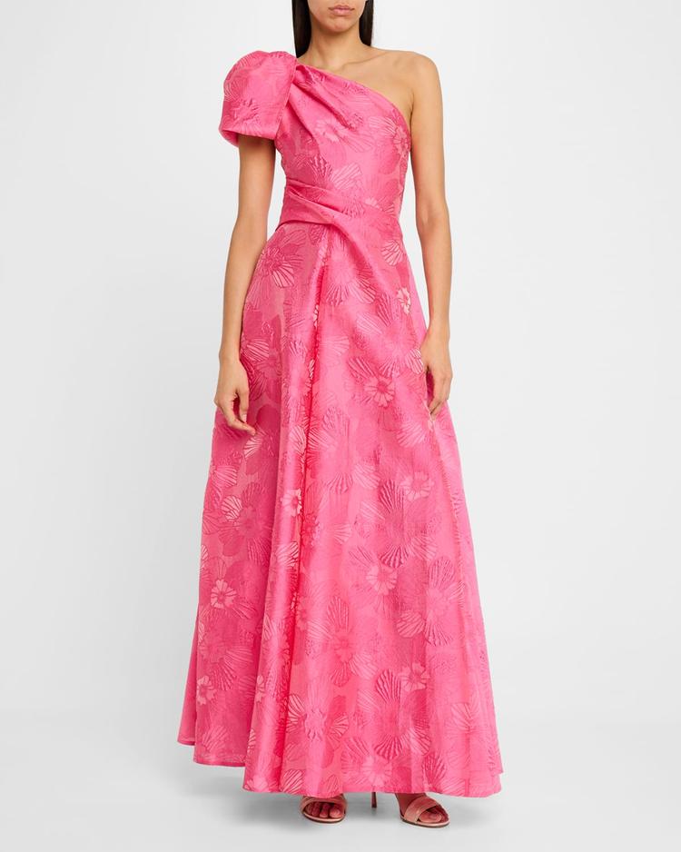 anemone jacquard crystal-strappy one-shoulder gown