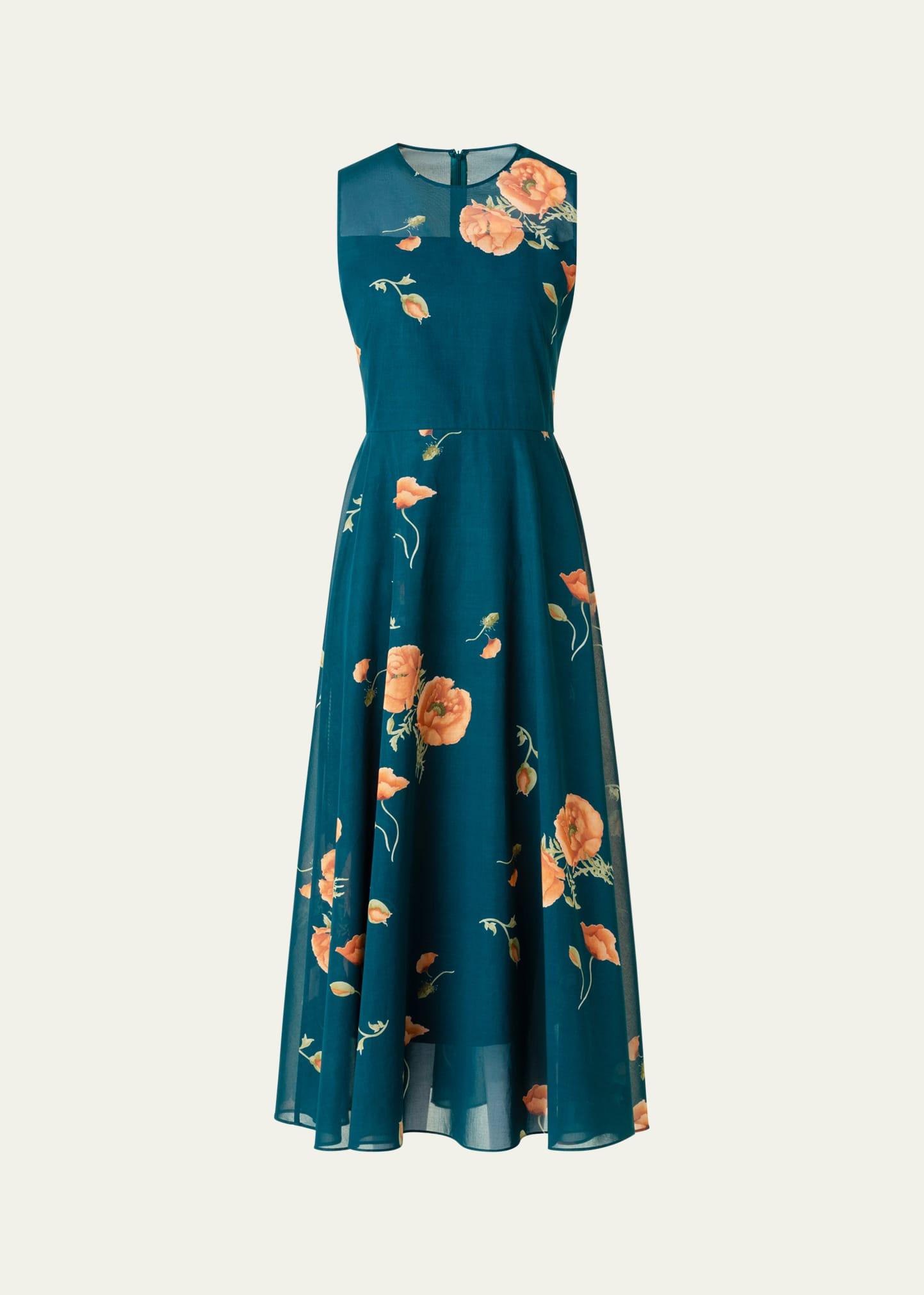 anemone print belted fit-and-flare voile dress