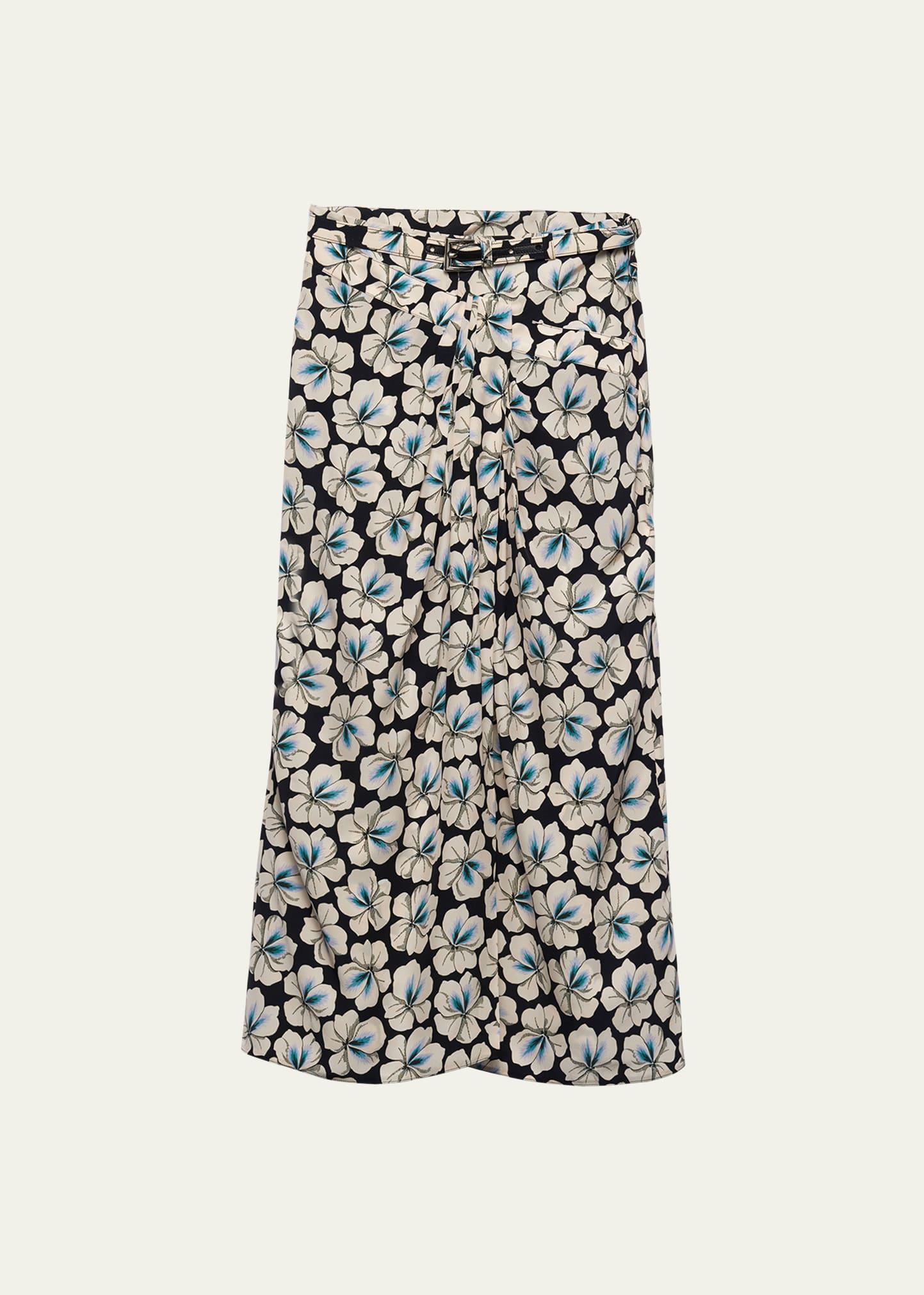 anemone printed pongee midi skirt