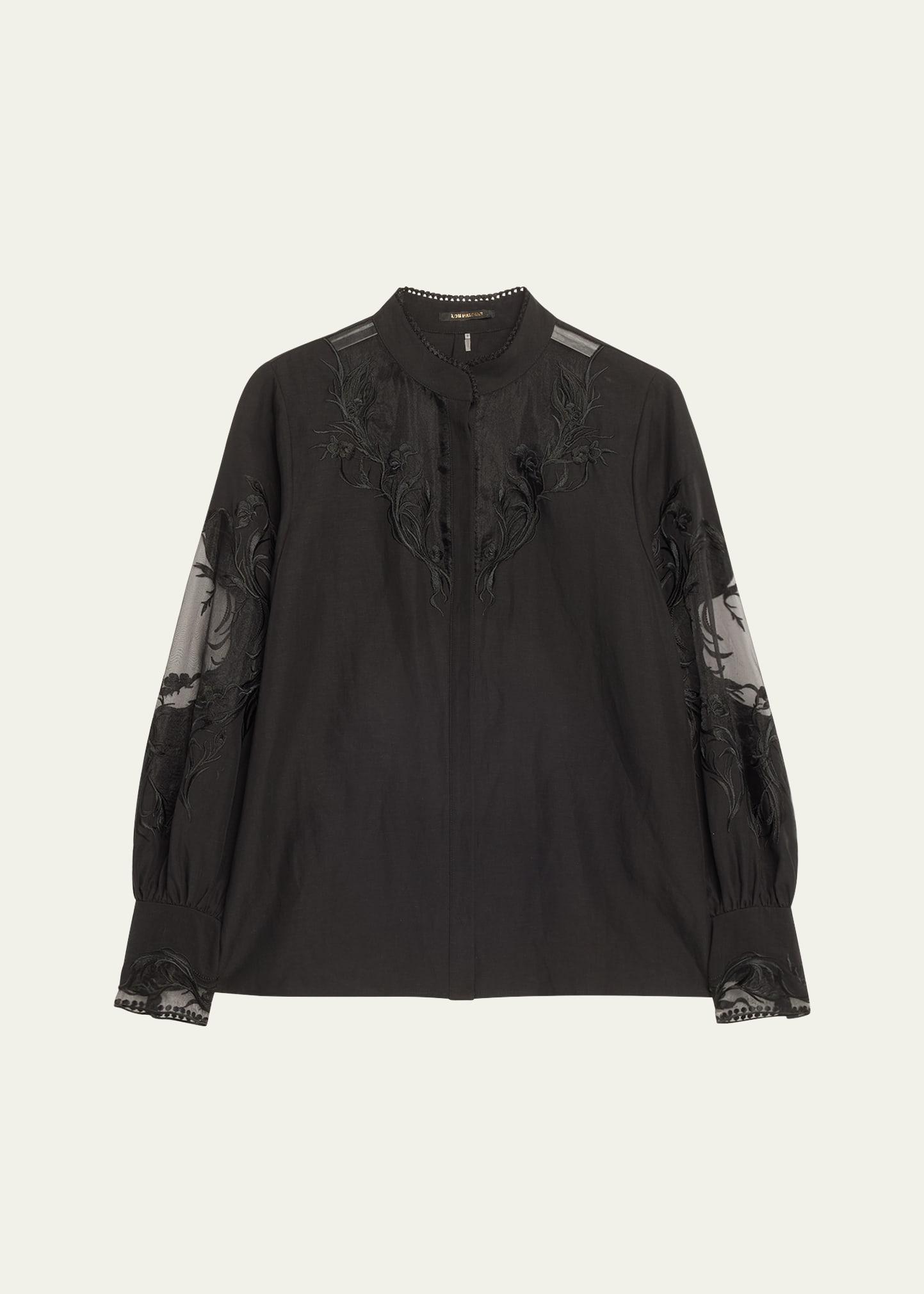 angela embroidered sheer-inset blouse
