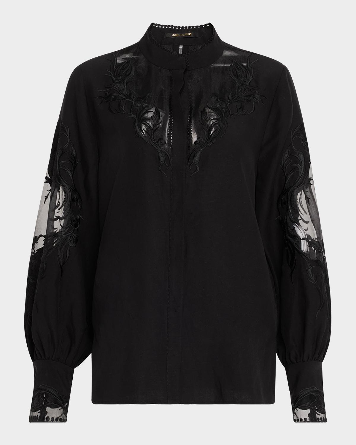 angela embroidered sheer-inset blouse