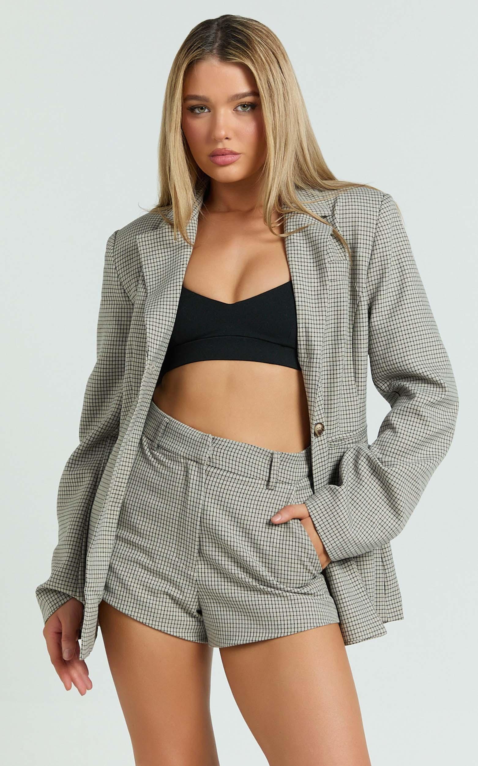 angela shorts - high waist micro mini shorts in beige check