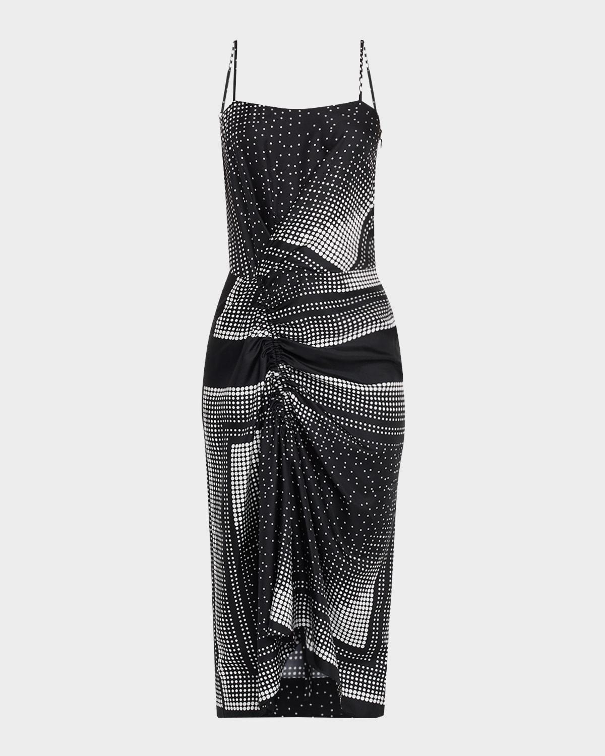 angie ruched dot-print silk midi dress