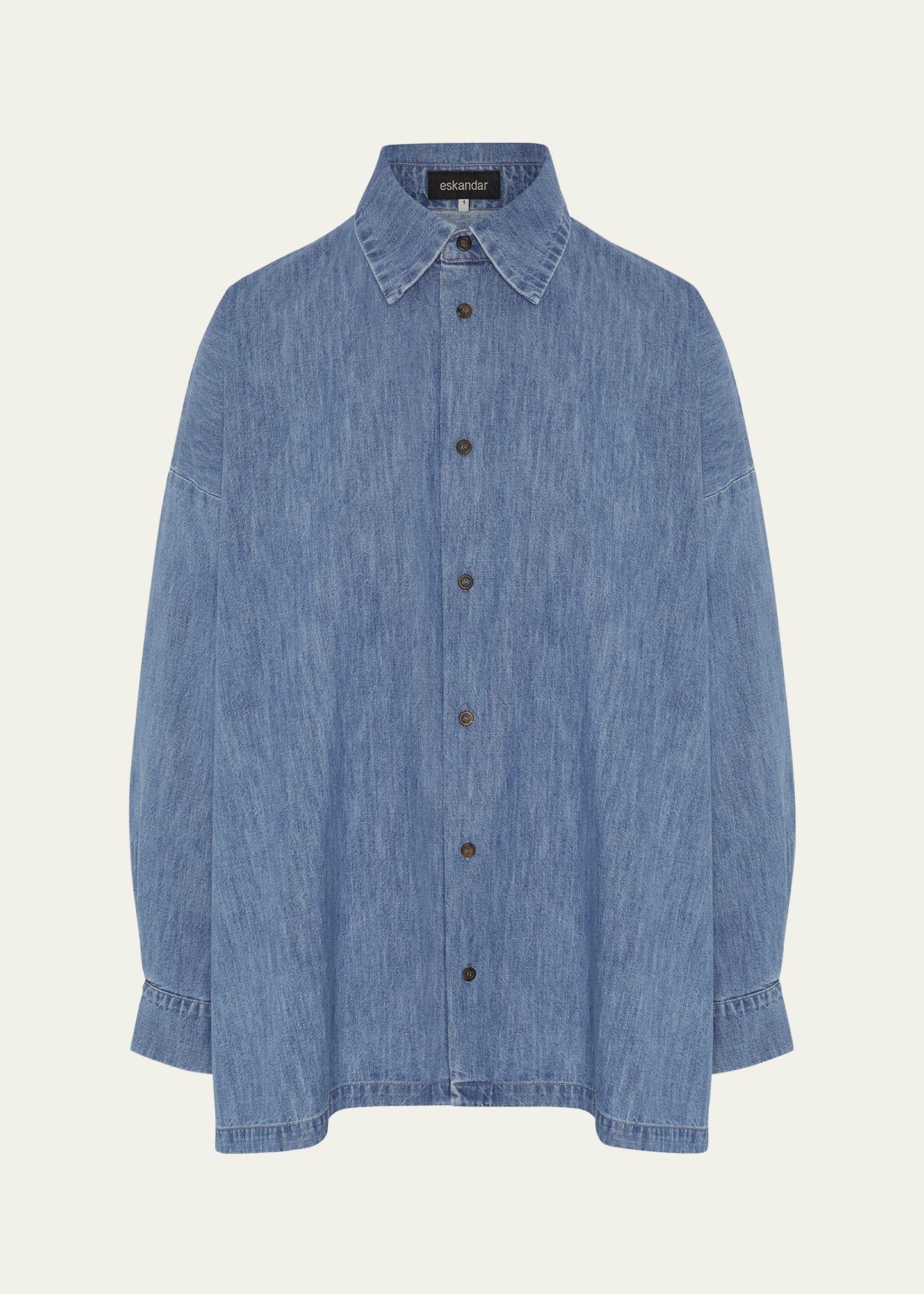 angled-to-front side seam denim shirt with collar (long length)