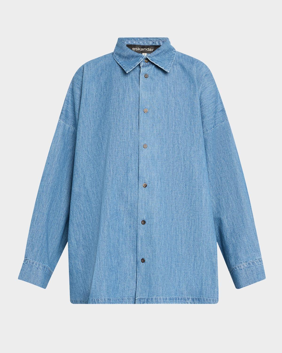 angled-to-front side seam denim shirt with collar (long length)