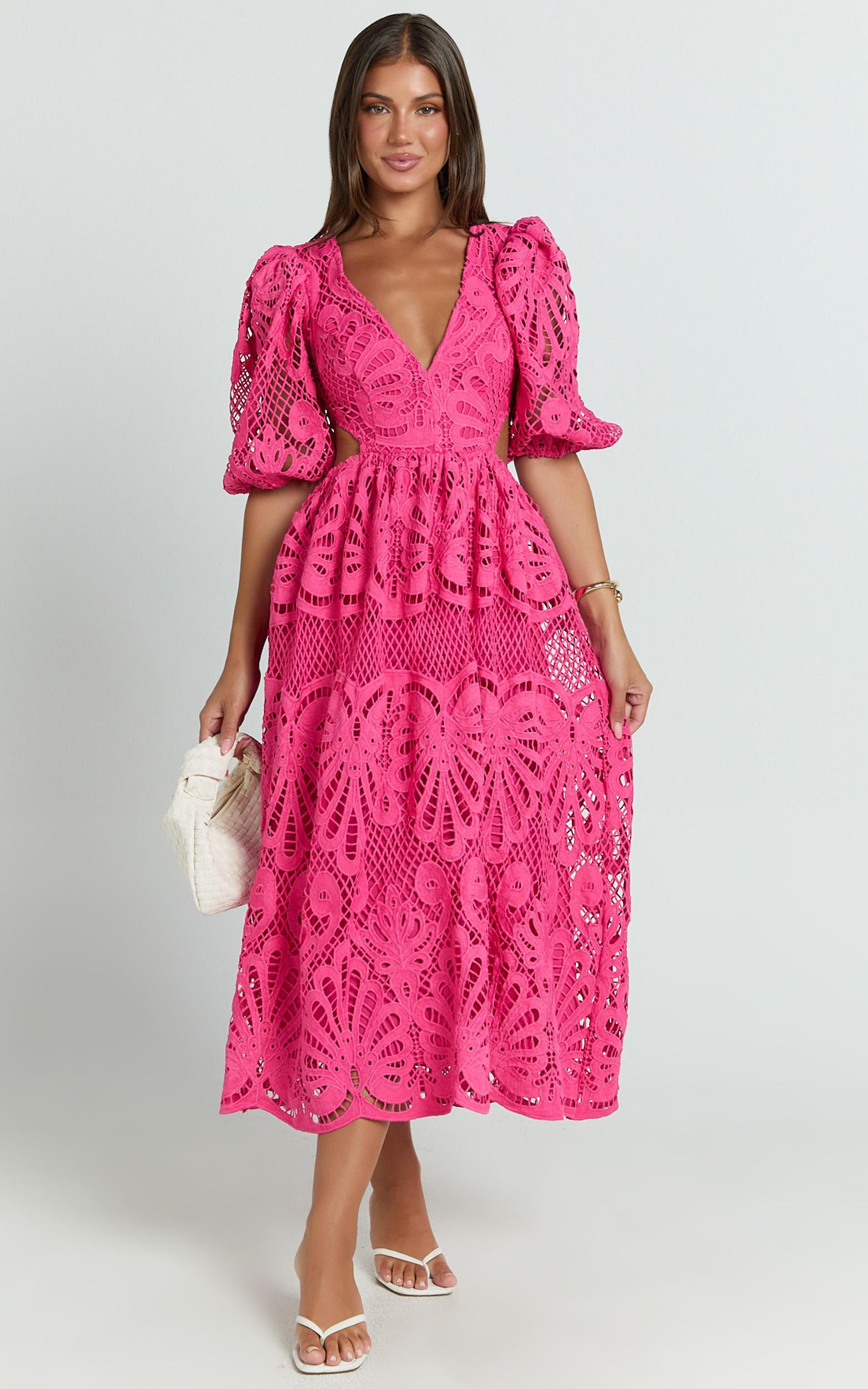 anieshaya midi dress - v neck cut out lace dress in pink
