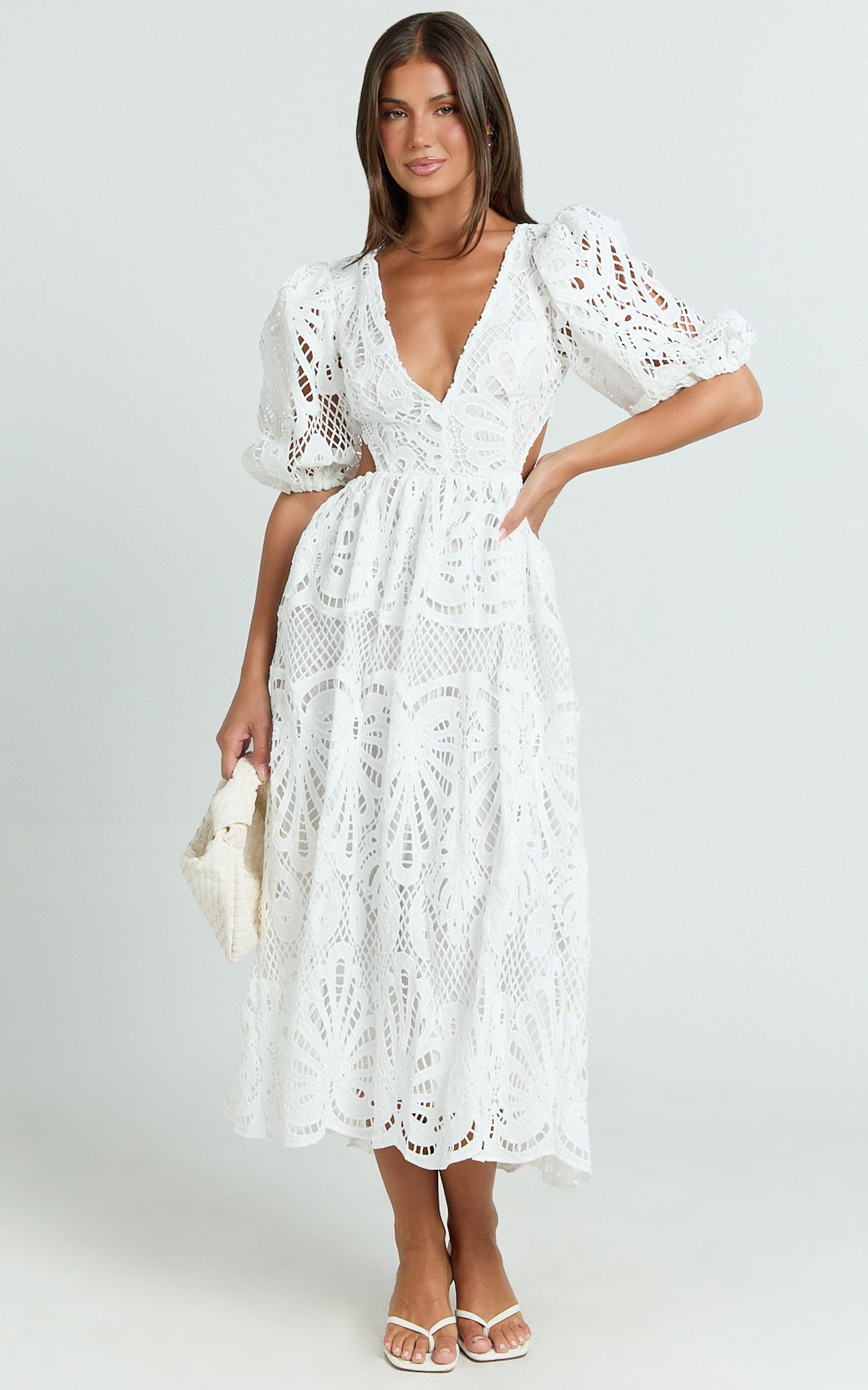 anieshaya midi dress - v neck cut out lace dress in white