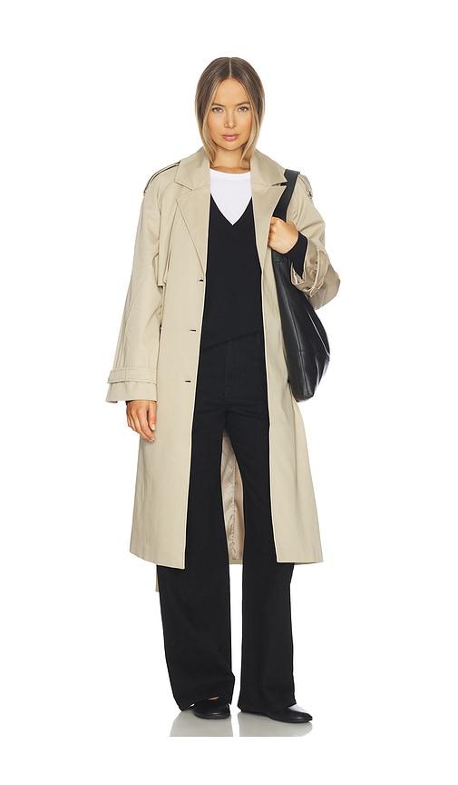 anine bing rickie maxi trench in beige.