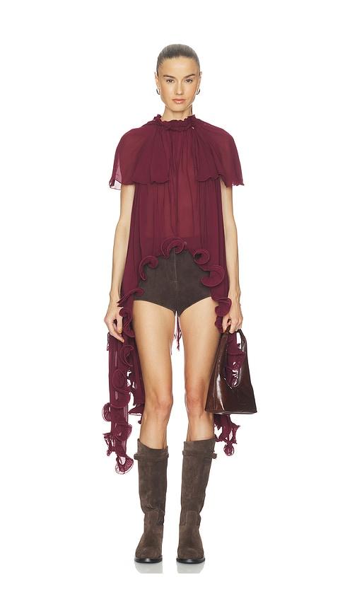 aniye records heren ruffle top in burgundy.
