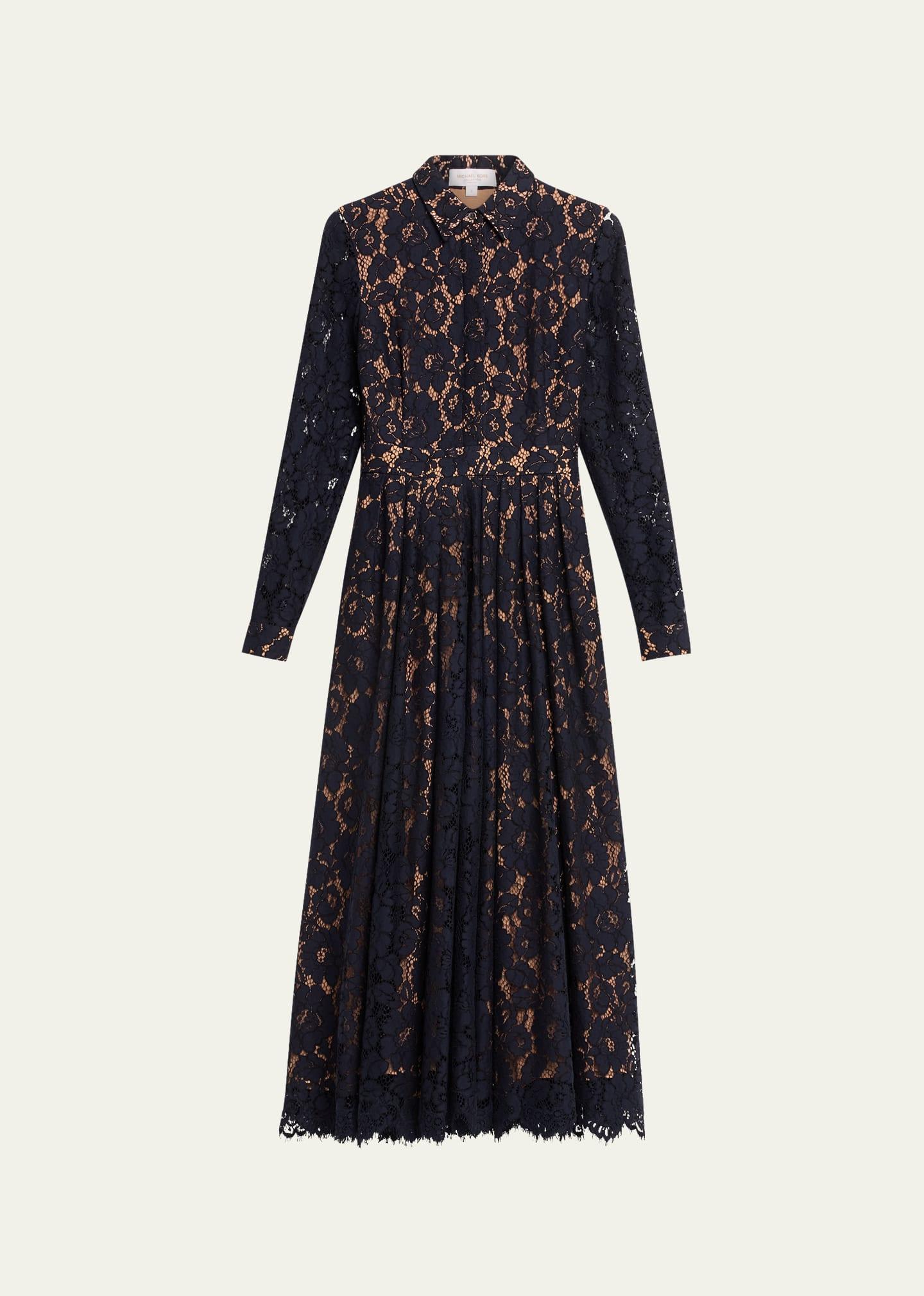 anna floral lace fit-flare shirt dress