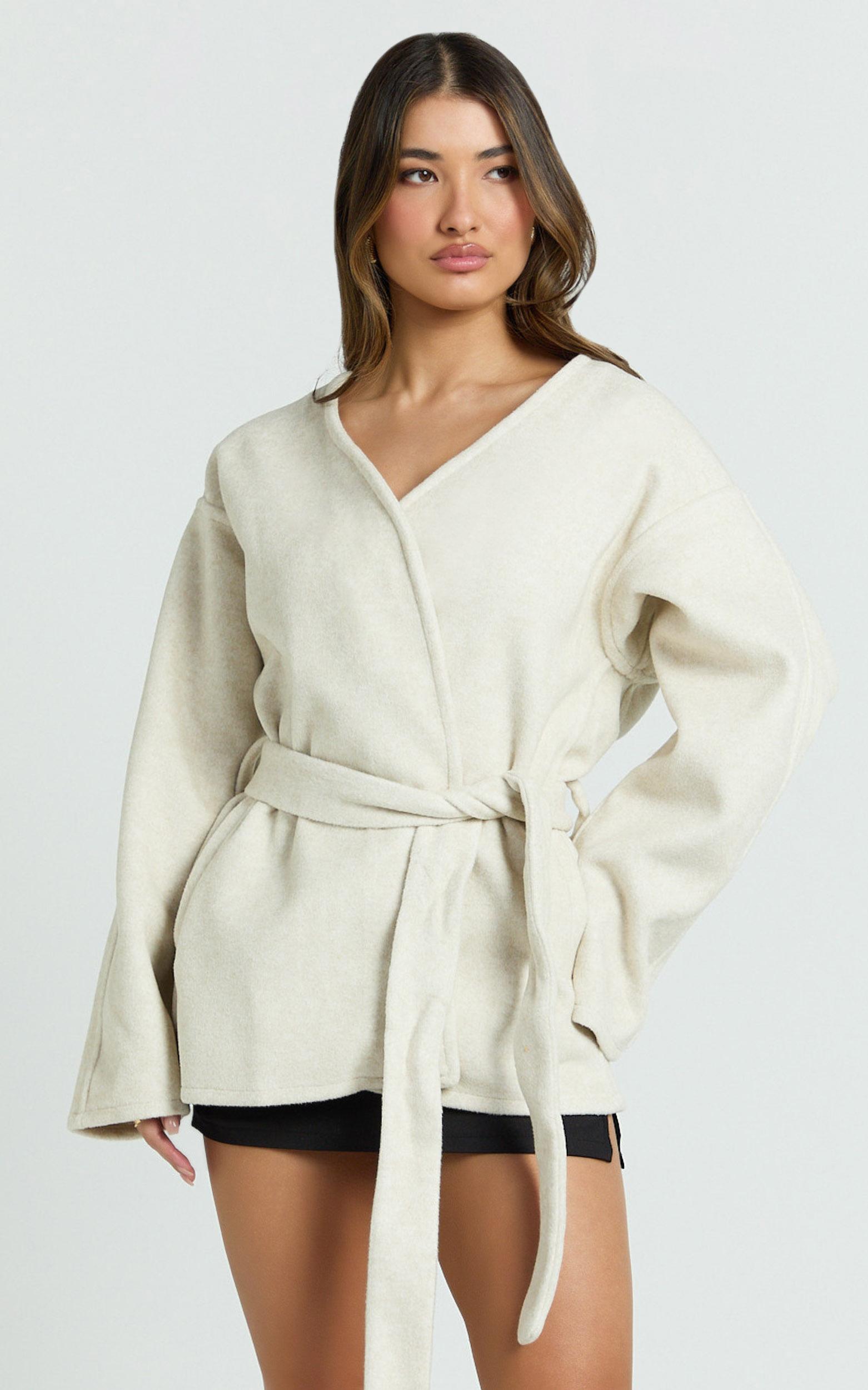 annalise jacket - collarless tie waist wool look jacket in cream