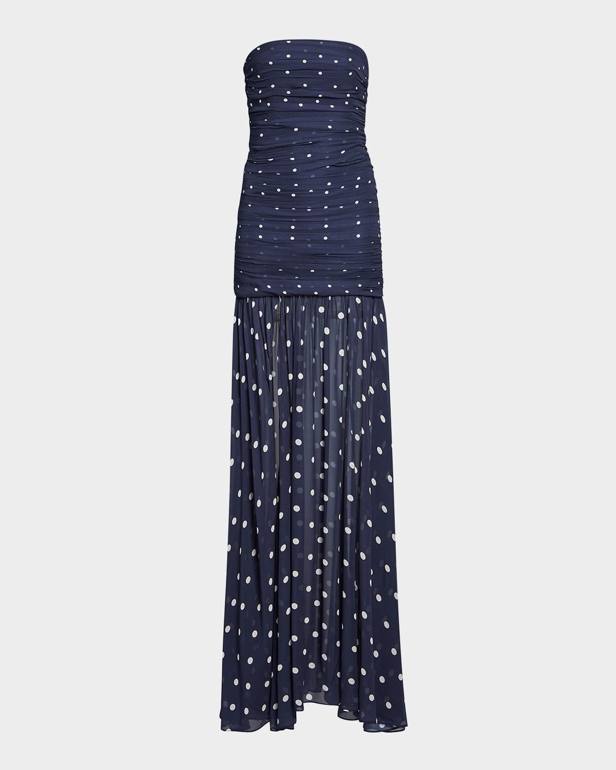 annalise ruched strapless polka dot dress
