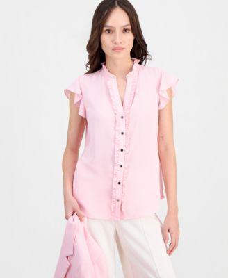 anne klein essentials petite flutter sleeve ruffle placket top