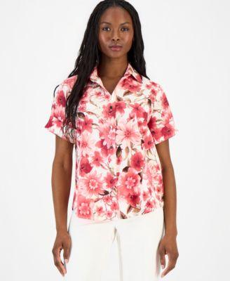 anne klein essentials petite printed short sleeve button front shirt