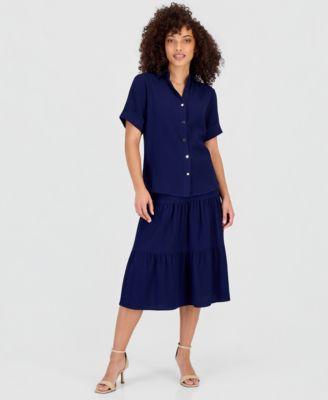 anne klein essentials petite short sleeve button front shirt pull on tiered midi skirt