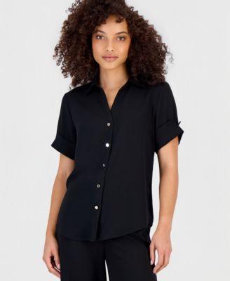anne klein essentials petite short sleeve button front shirt