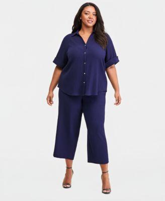 anne klein essentials plus size collared button front shirt pull on crop straight leg pants