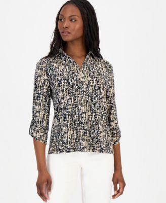 anne klein essentials womens printed collared 3 4 sleeve top